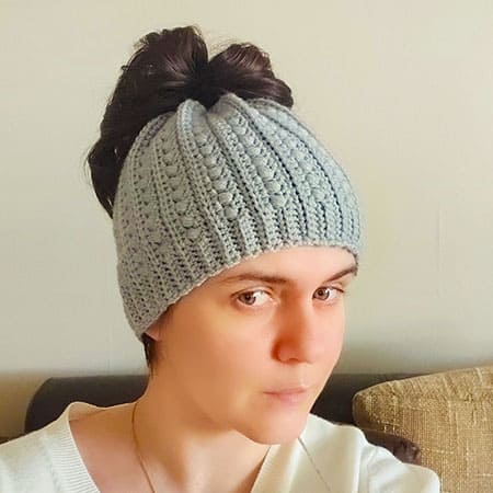 Grey Free Crochet Messy Bun Hat Pattern